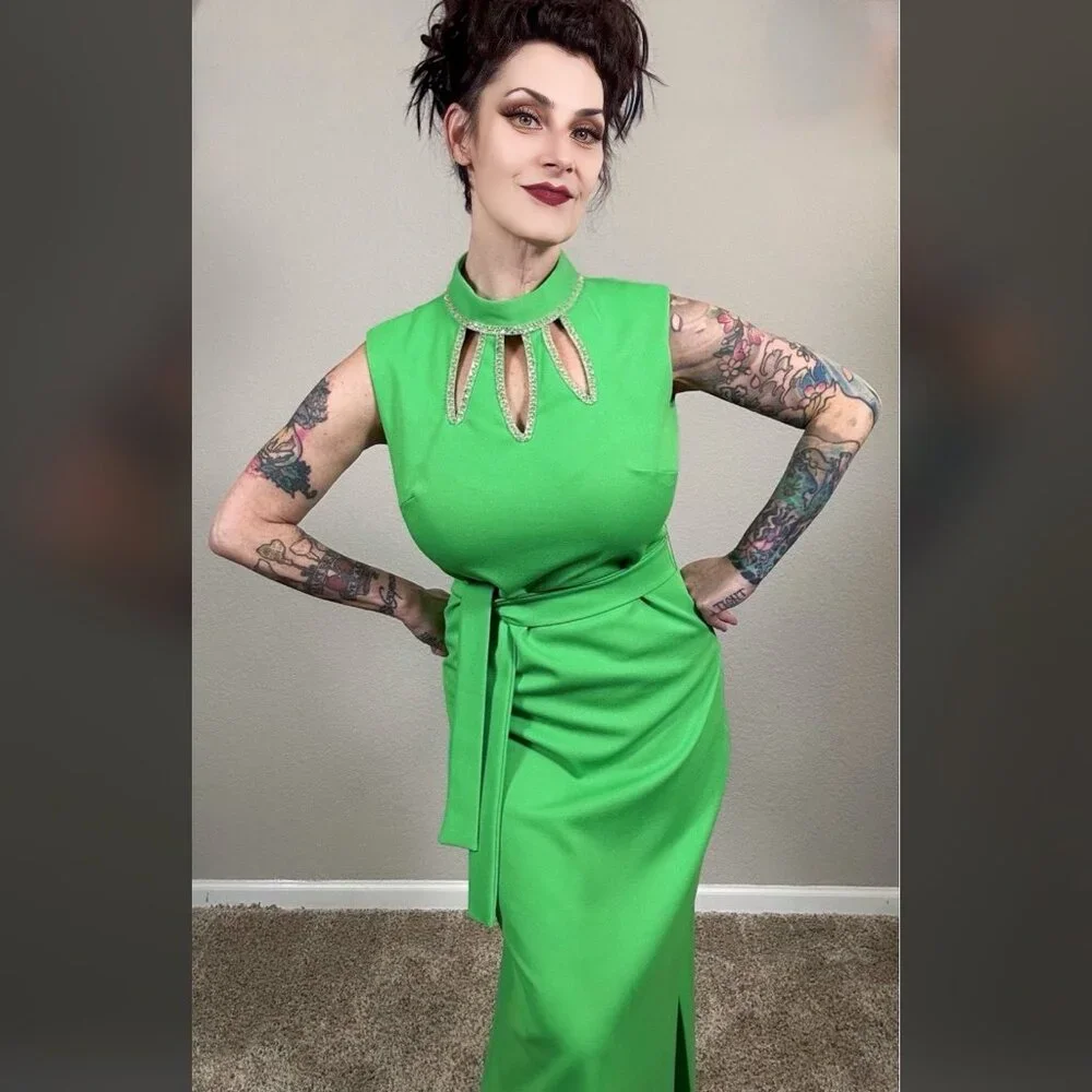 60s Bright Green Maxi Sheath Column Dress Rhinestone MCM Mod Rockabilly Pinup M - Picture 8 of 15